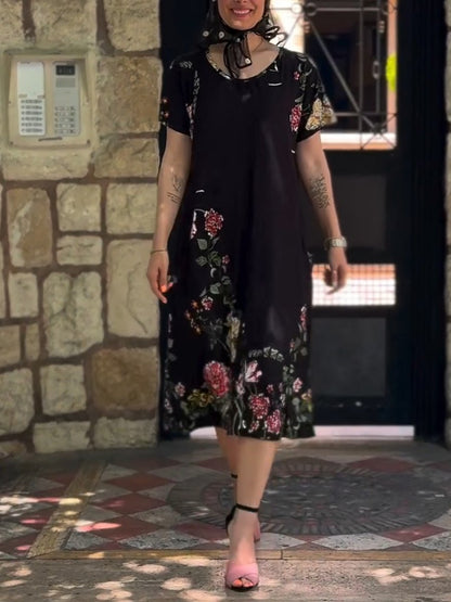 Black Floral Short Sleeve Dress