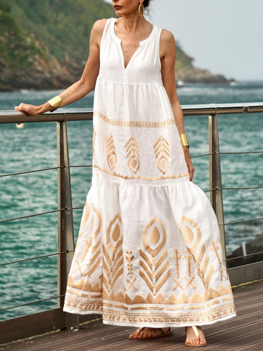 Gold Printed Sleeveless Dress