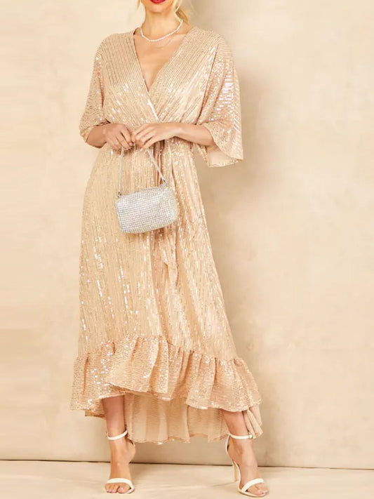 Gold Sequin Plunge Maxi Dress