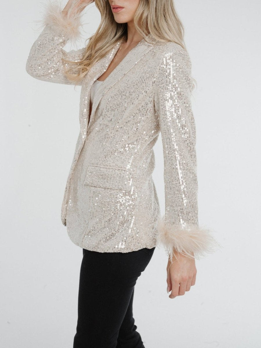 Silver Feather Trim Sequin Blazer