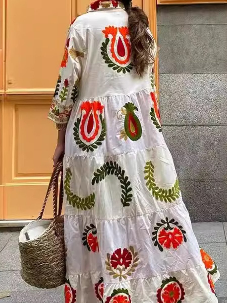 Lapel Print Long Sleeve Single Row Dress