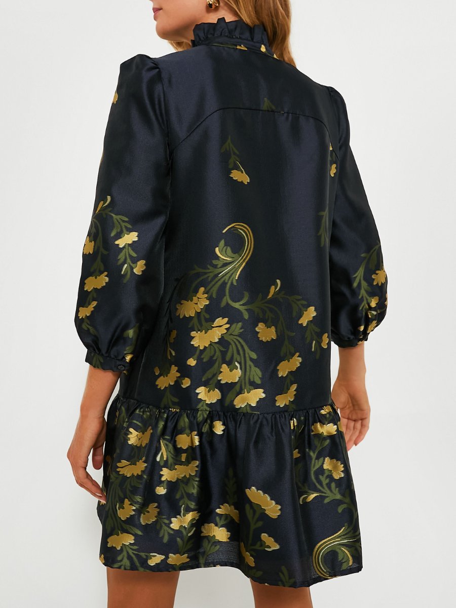 Golden Floral Ruffled Collar Dress