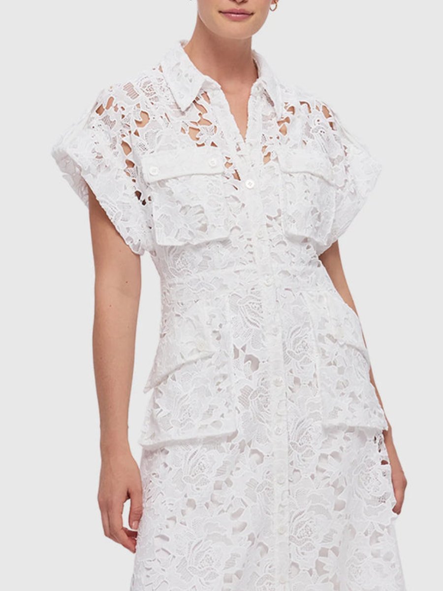 Lace Pocket Shirt Midi Dress