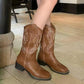 Embroidered Chunky Heel V Mouth Western Rider Boots