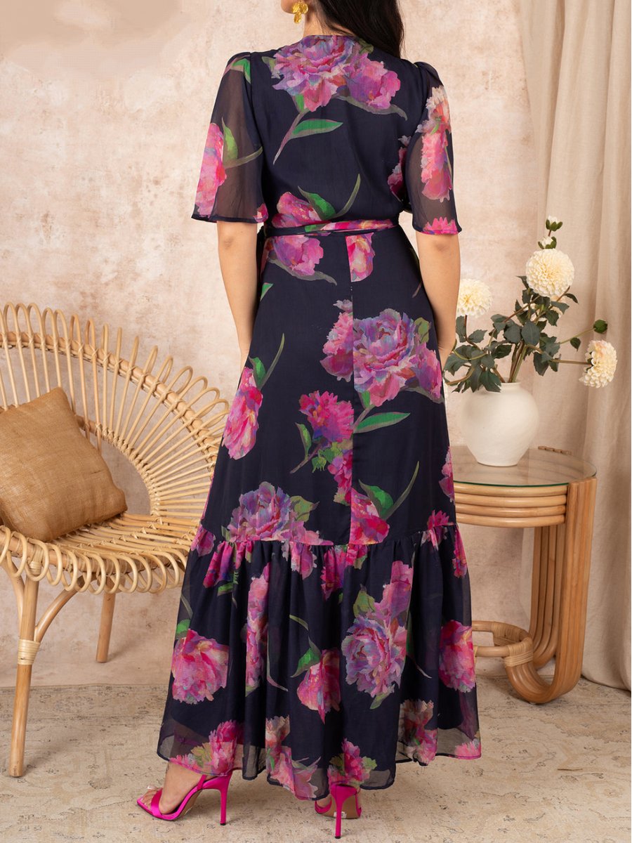 V Neck Chiffon Floral Dress