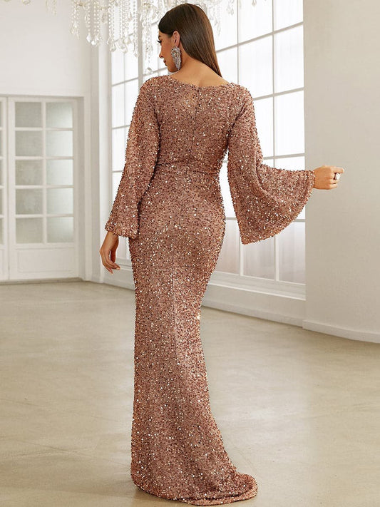 V-Neck Flared Sleeve Evening Dress