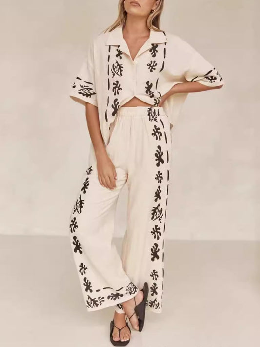 Black Printed Cream Shirt Pant Set