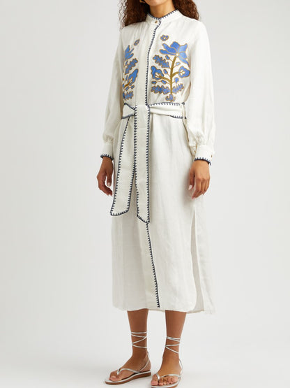 White Embroidered Linen-blend Midi Dress