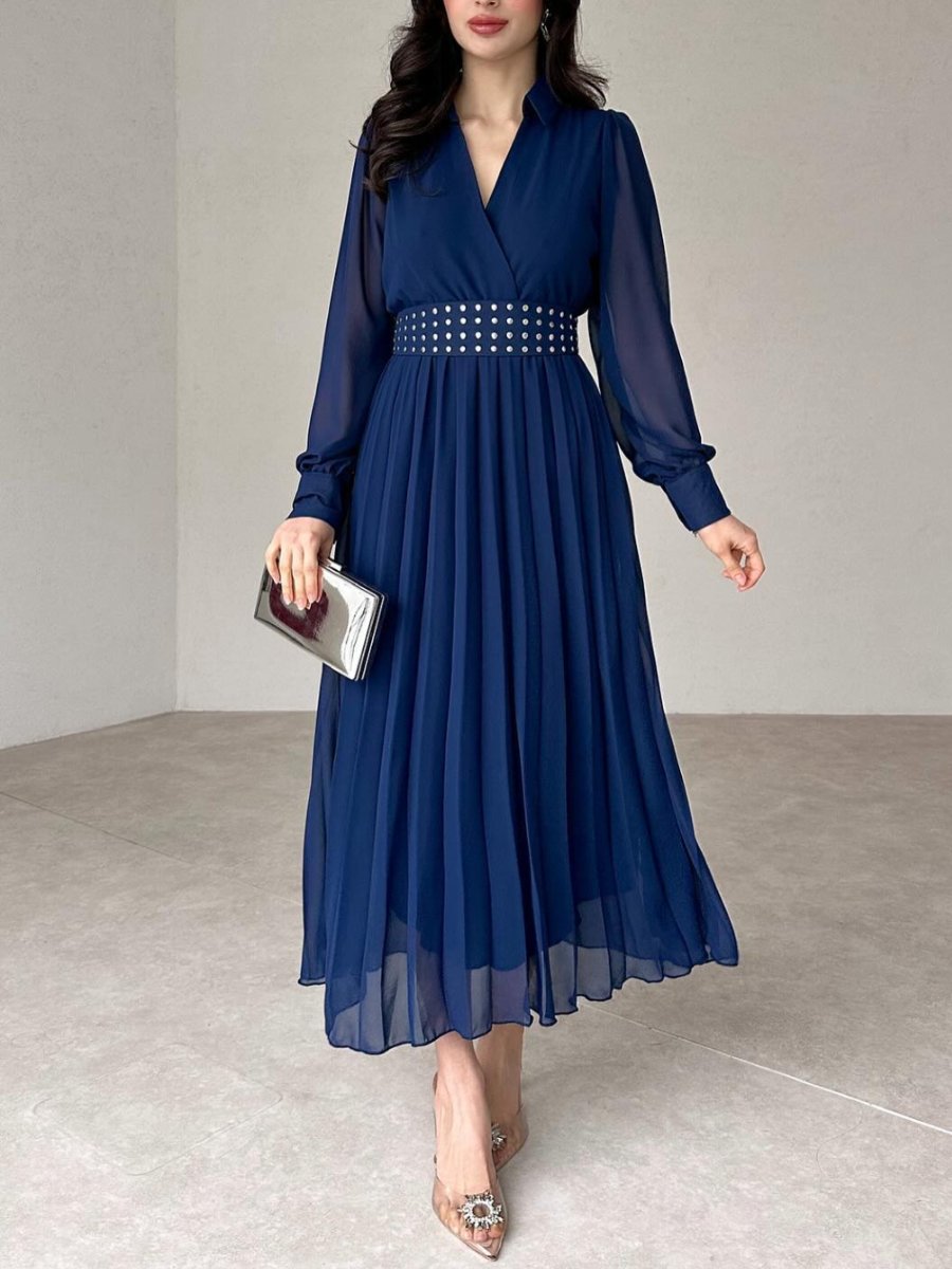 V Neck Long Sleeved Chiffon Dress