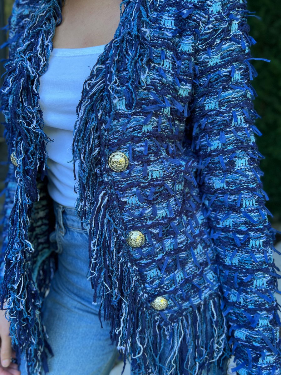 Blue Open Front Fringe Jacket