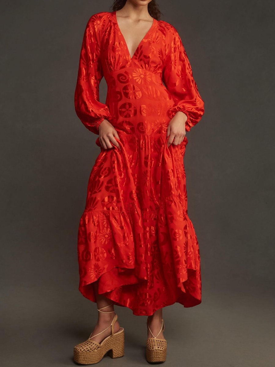 Long-Sleeve V-Neck Maxi Dress