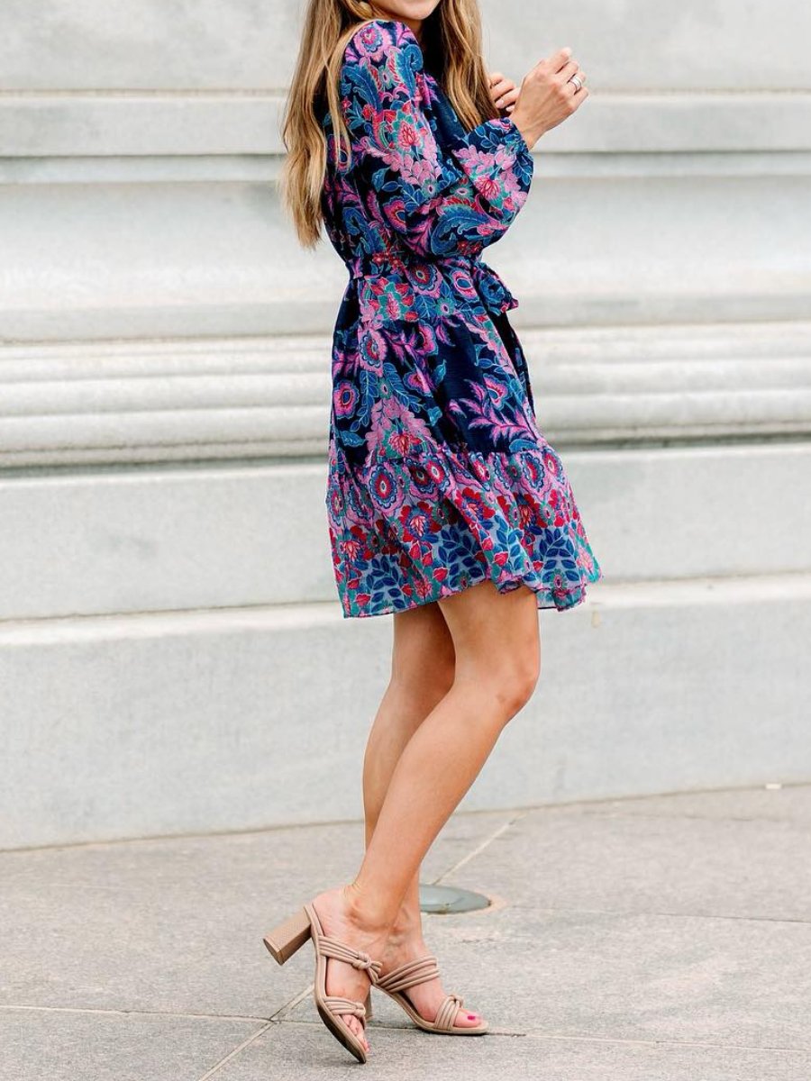 Navy Multi Ruffle Long Sleeve Dress