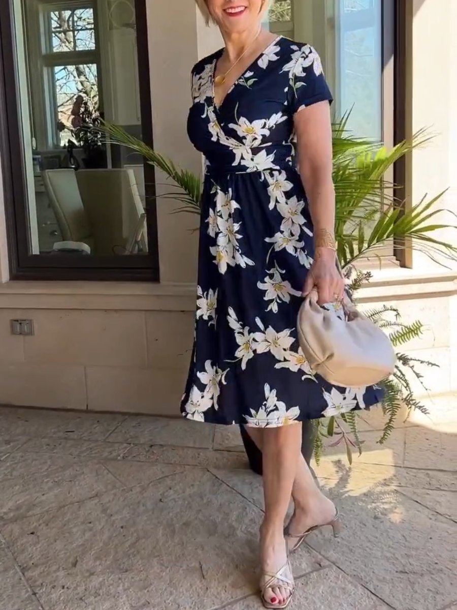 Navy Floral Short Sleeve Dress