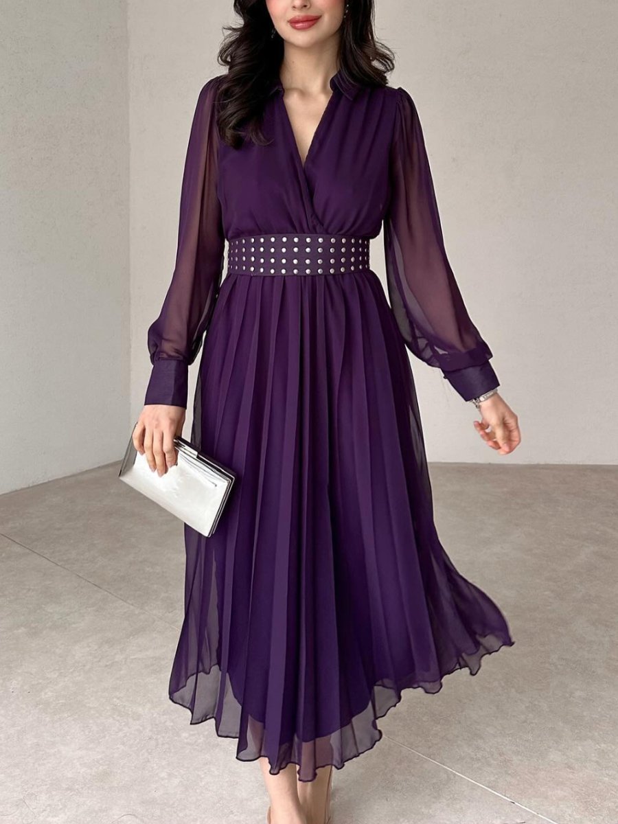 V Neck Long Sleeved Chiffon Dress