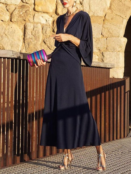 Classy V-Neck Plain Long Sleeve Midi Dress