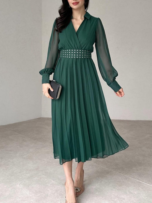 V Neck Long Sleeved Chiffon Dress