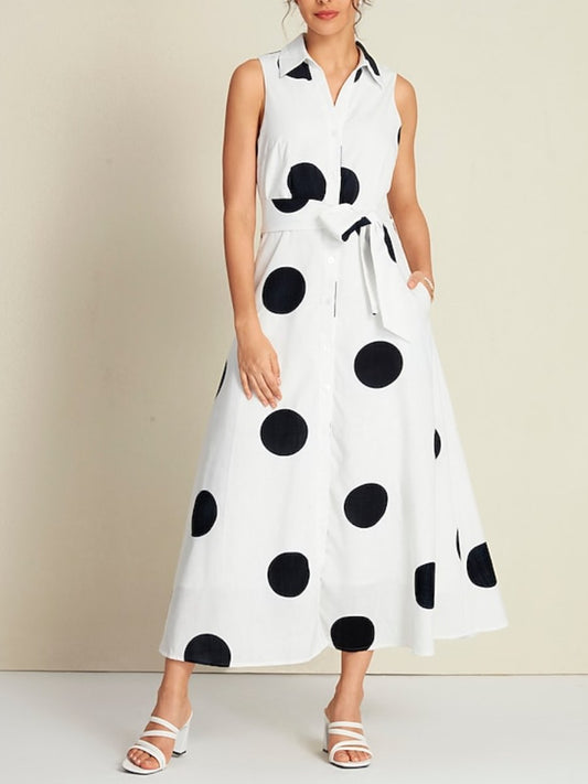 Polka Dot Sleeveless Tie Belt Maxi Dress