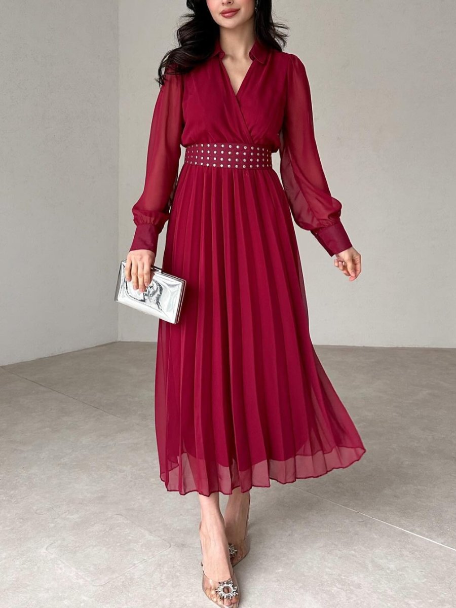 V Neck Long Sleeved Chiffon Dress