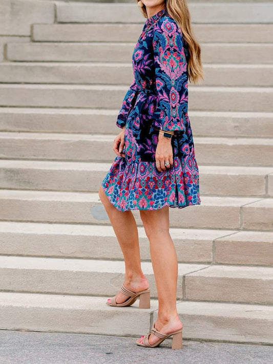 Navy Multi Ruffle Long Sleeve Dress