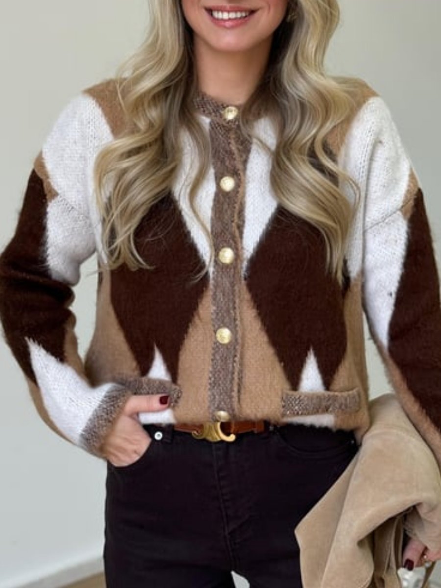 Gold Button Diamond Pattern Cardigan