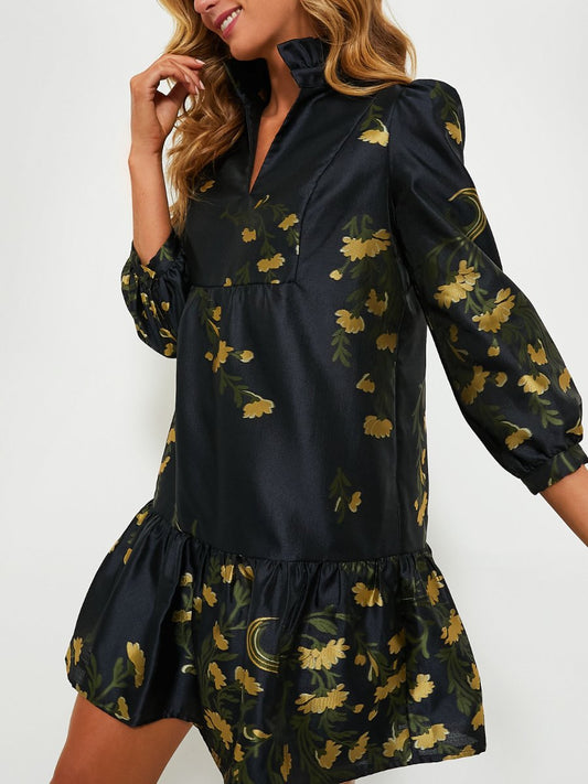 Golden Floral Ruffled Collar Dress