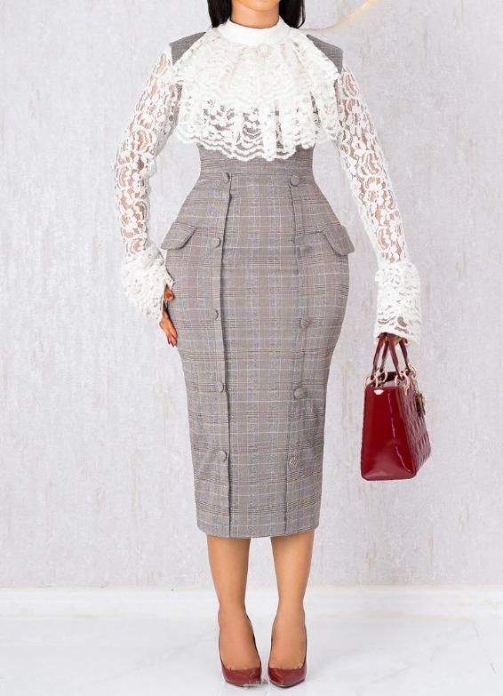 Classic Elegant Lace Plaid Dress Set