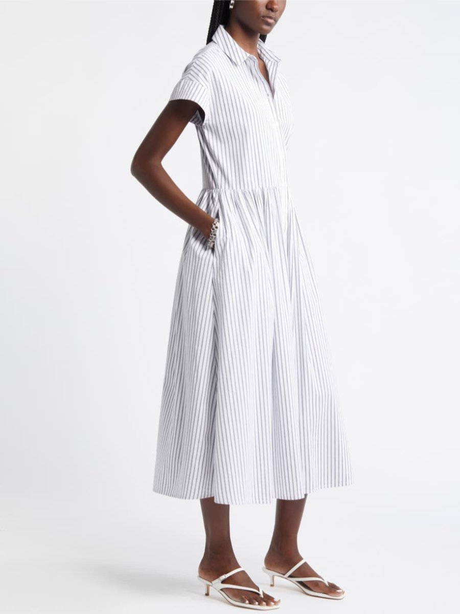 Drop Waist Button Front Cotton Midi Dress