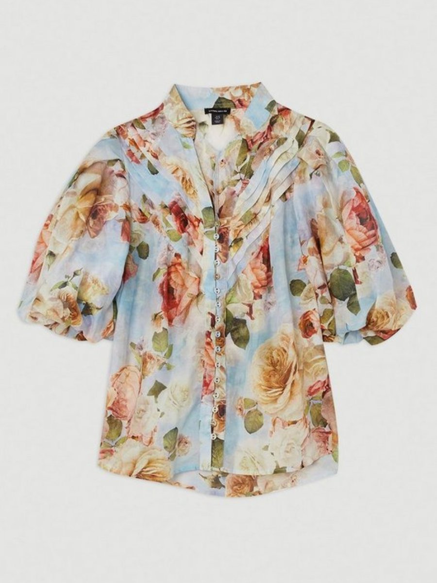 Rose Floral Silk Cotton Woven Blouse