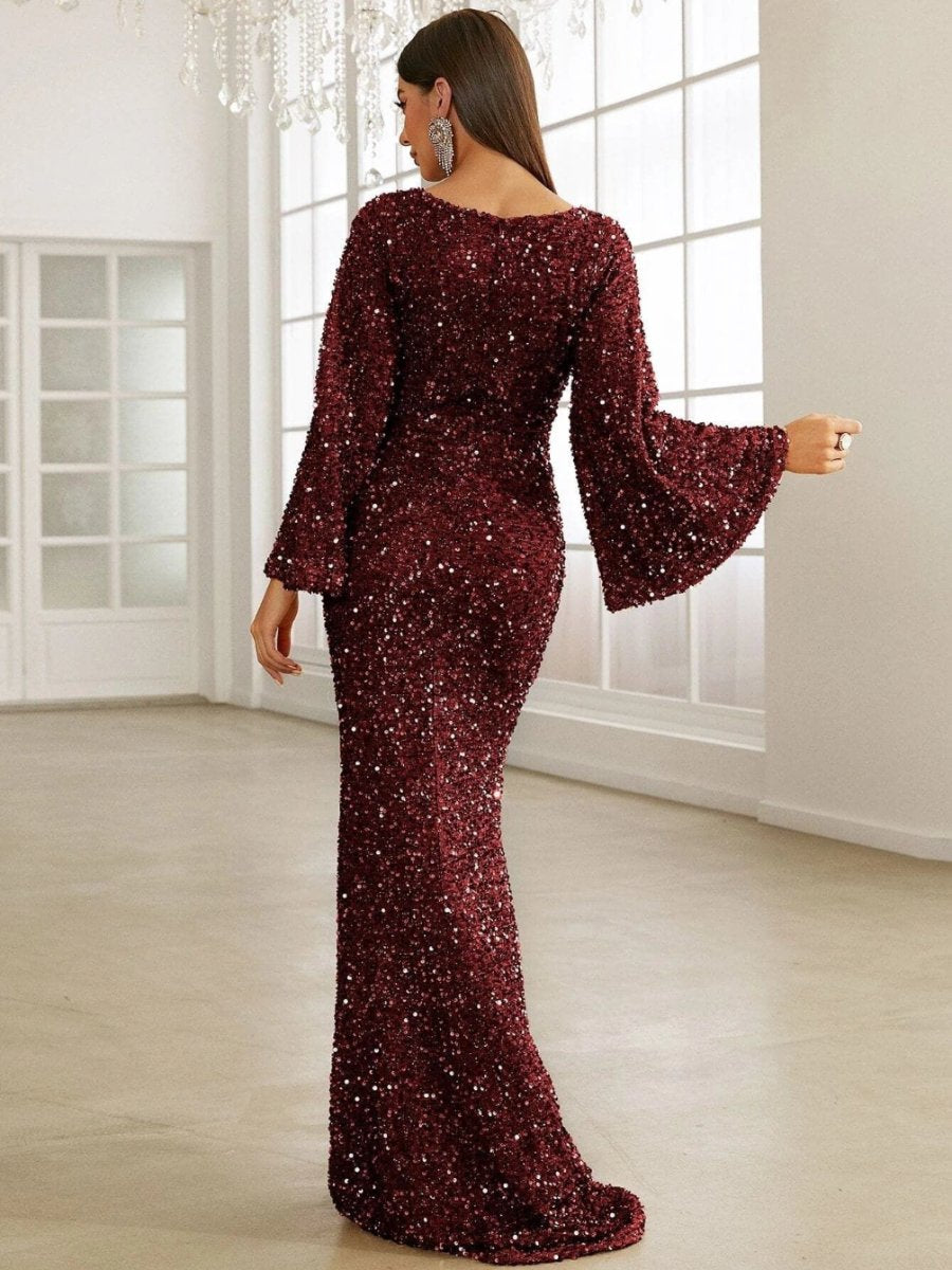 V-Neck Flared Sleeve Evening Dress