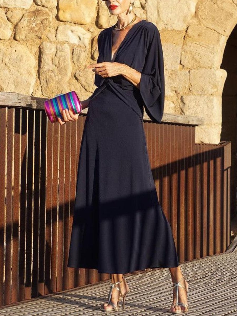 Classy V-Neck Plain Long Sleeve Midi Dress