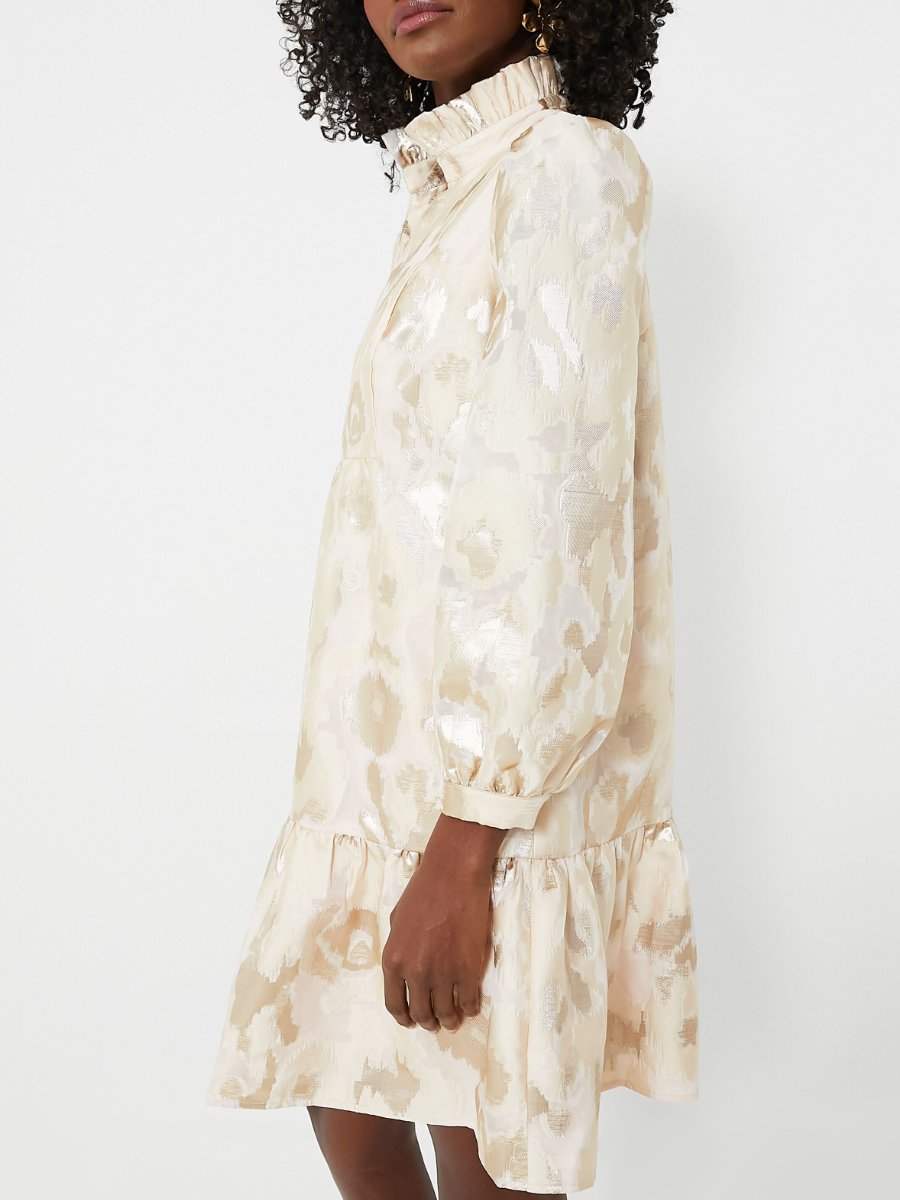 Golden Floral Ruffled Collar Dress