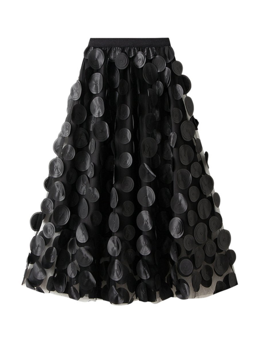 3D Wave Dot Mesh Midi Skirt