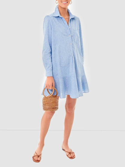 Chic Blue Long Sleeve Shirt Dress