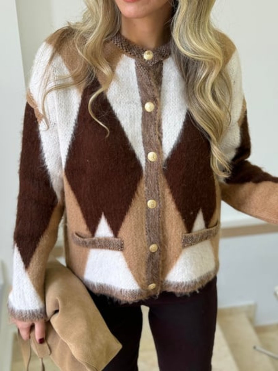 Gold Button Diamond Pattern Cardigan