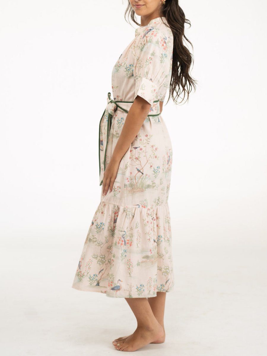 Elegant Flower and Bird Midi Dress