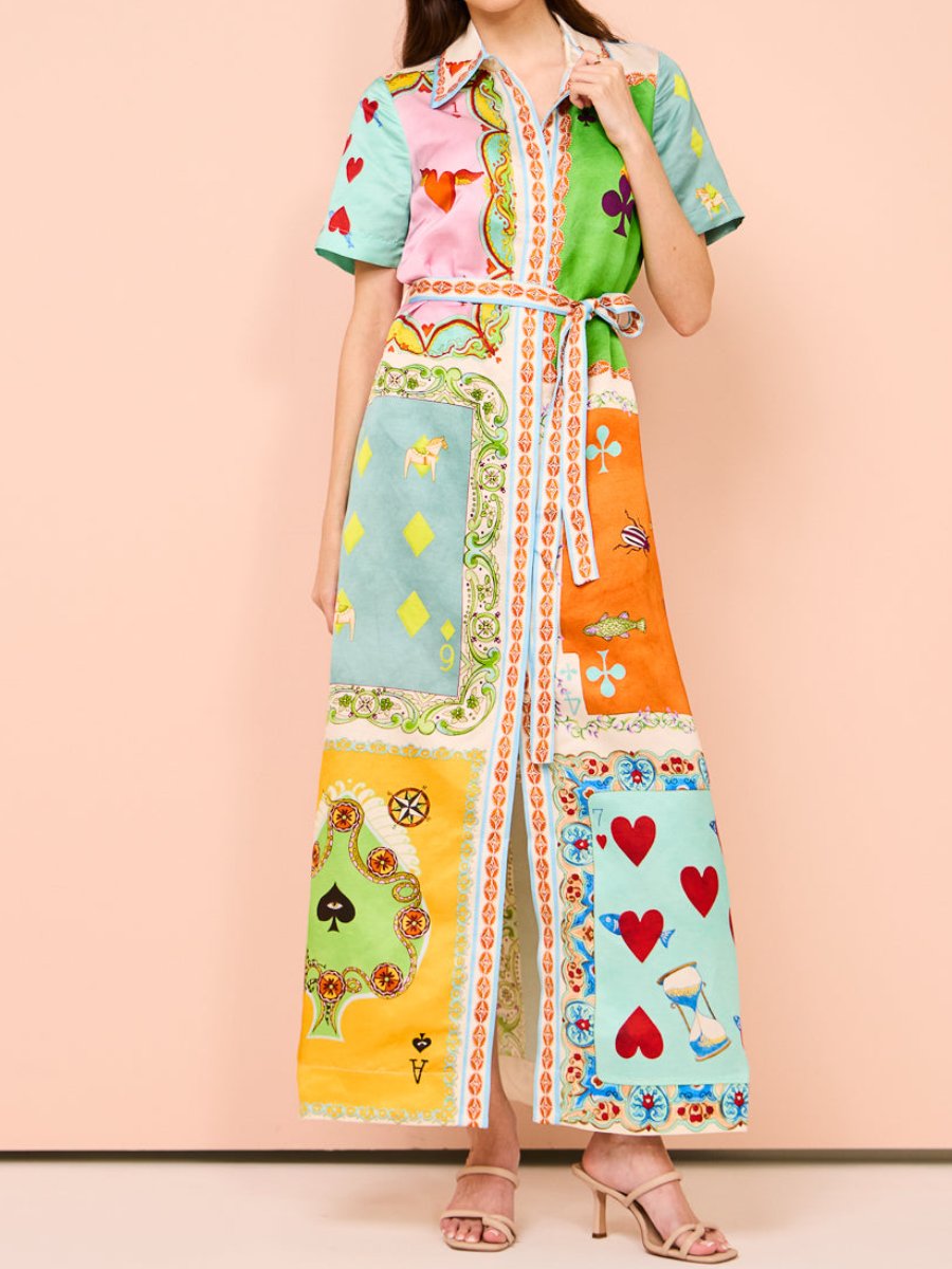 Printed Short Sleeve Patchwork Shirtdress