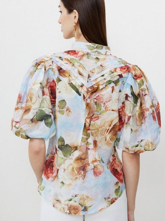 Rose Floral Silk Cotton Woven Blouse