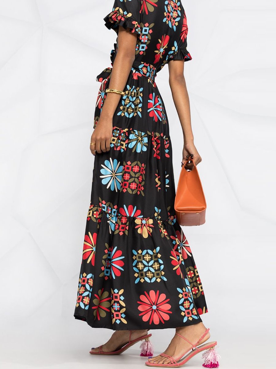 Geometric Print Ruffled Tiered Silk Dress