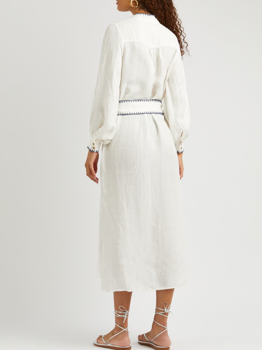 White Embroidered Linen-blend Midi Dress