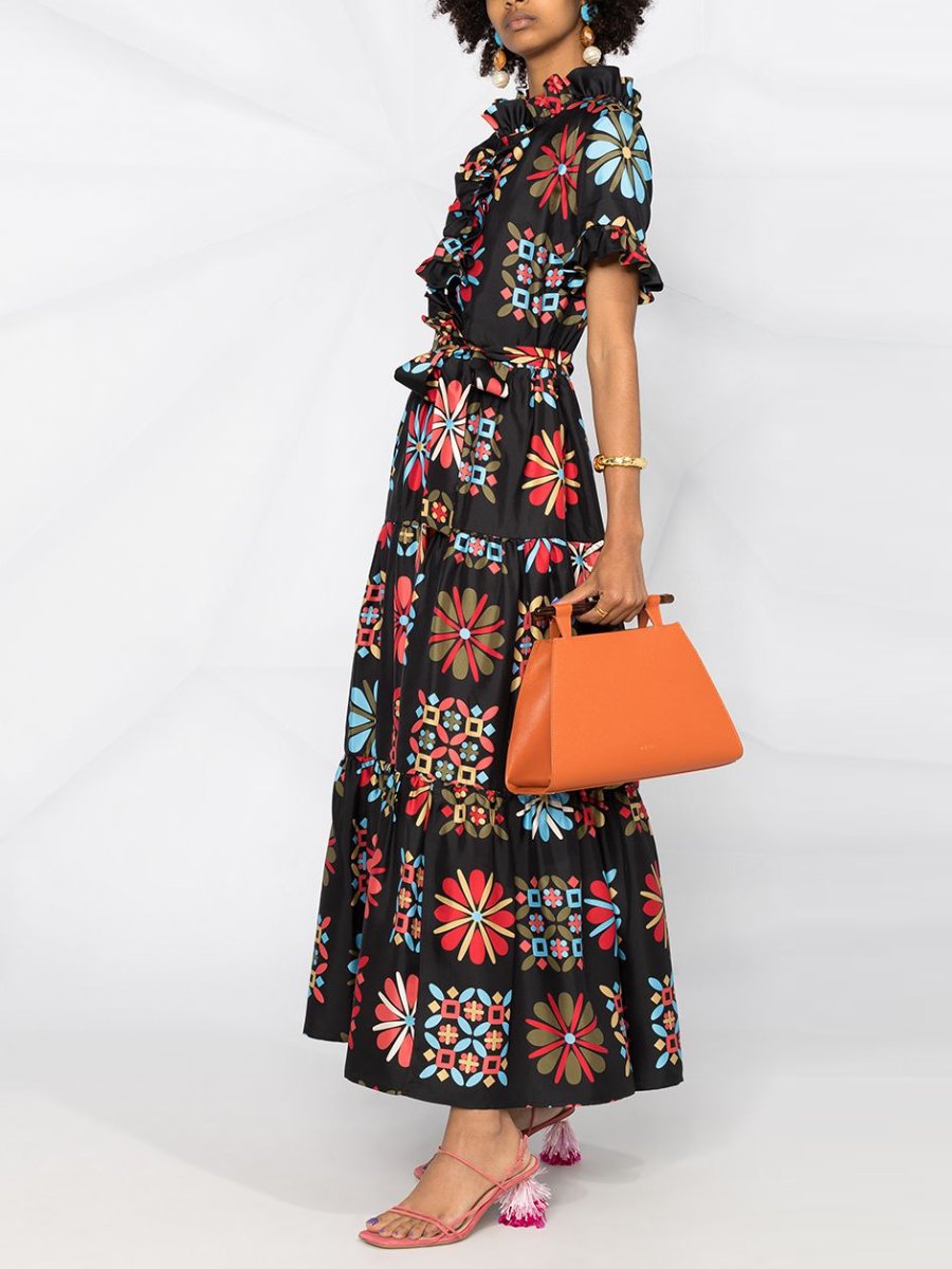 Geometric Print Ruffled Tiered Silk Dress