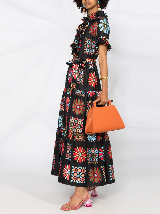 Geometric Print Ruffled Tiered Silk Dress