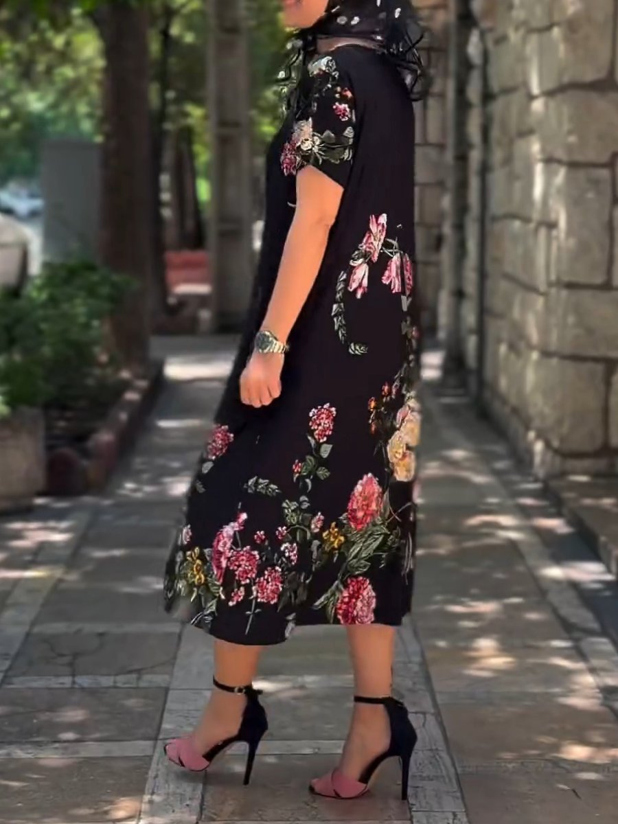 Black Floral Short Sleeve Dress