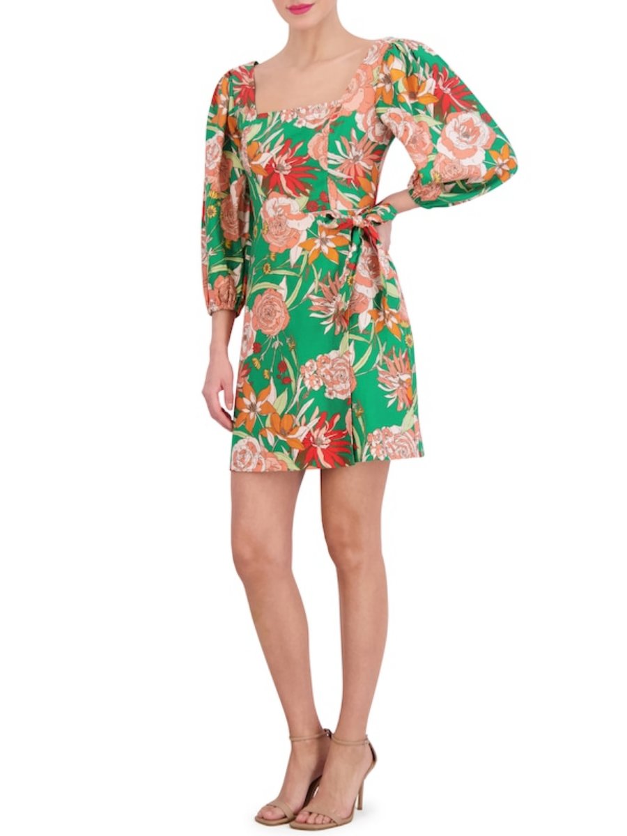 Floral-Print Smocked Geo-Neck Dress