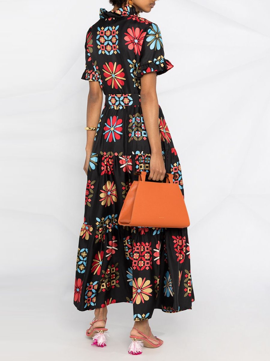 Geometric Print Ruffled Tiered Silk Dress