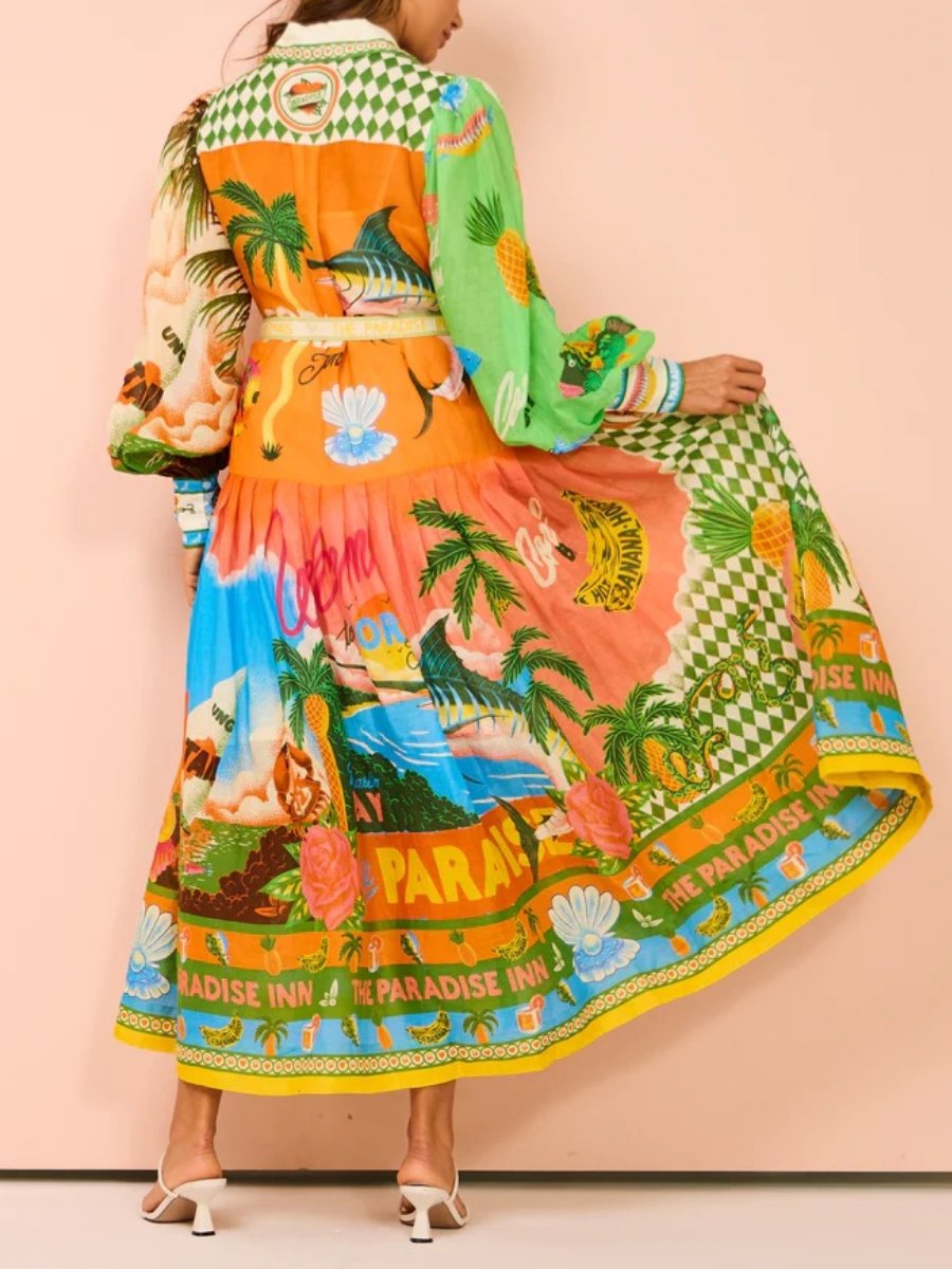 Lantern Sleeve Vacation Printed Dress