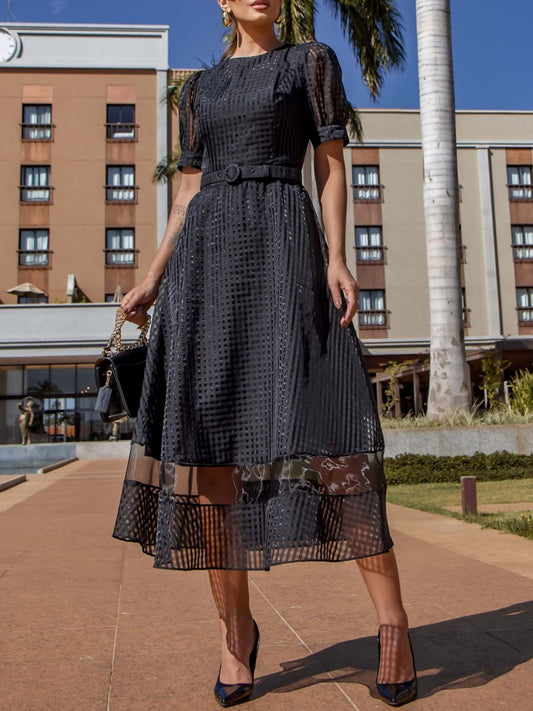 Elegant Black Plaid Midi Dress