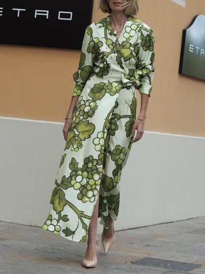 Green Fruit Print Silk Dress