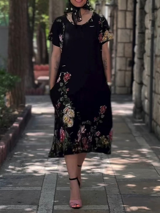 Black Floral Short Sleeve Dress