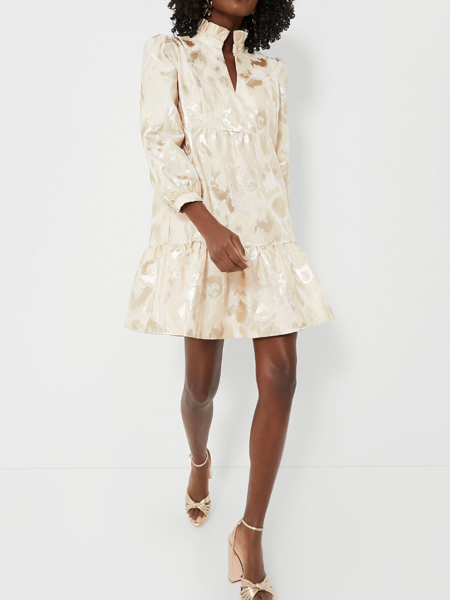 Golden Floral Ruffled Collar Dress