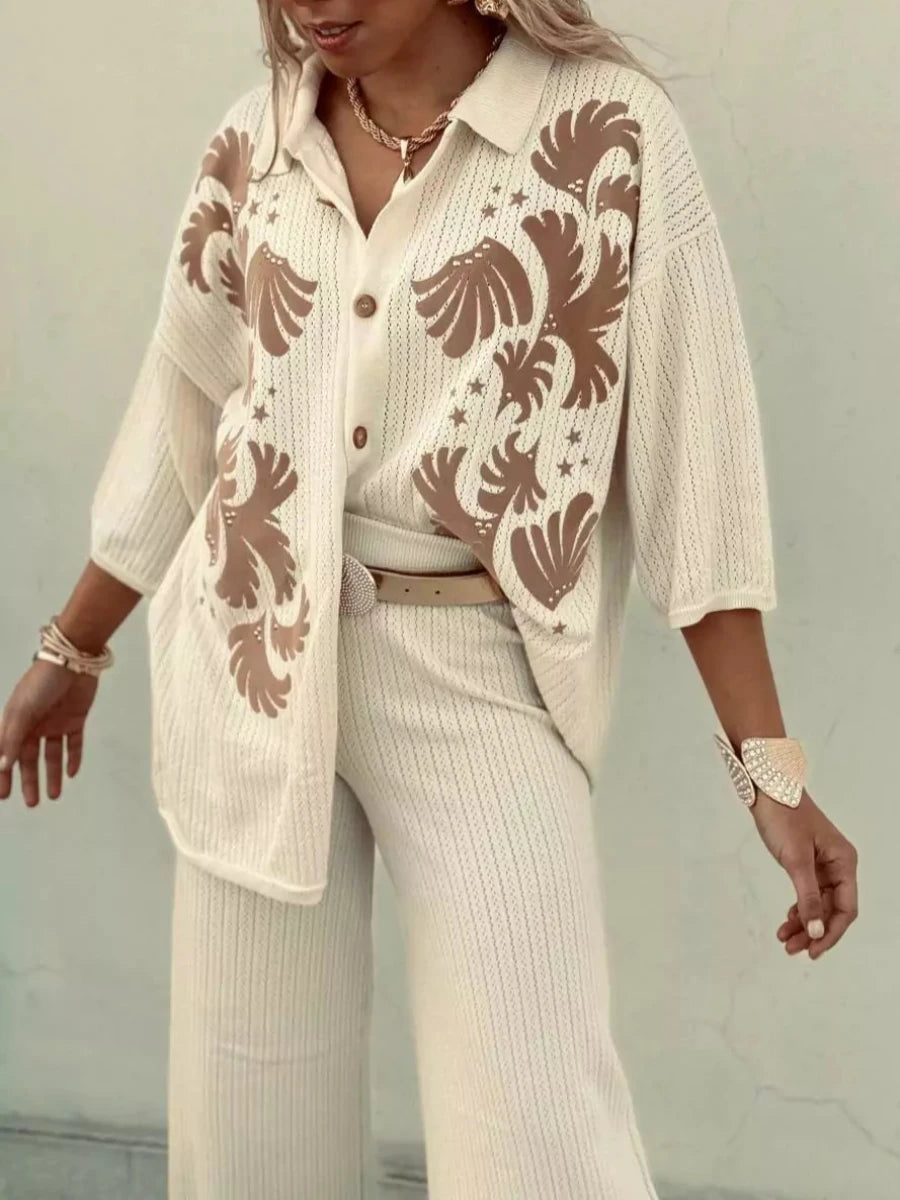 Cotton Embroidered Cardigan and Loose Trousers Set